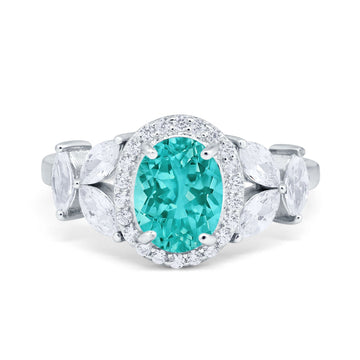 Oval Art Deco Engagement Ring Simulated Paraiba Tourmaline CZ 925 Sterling Silver